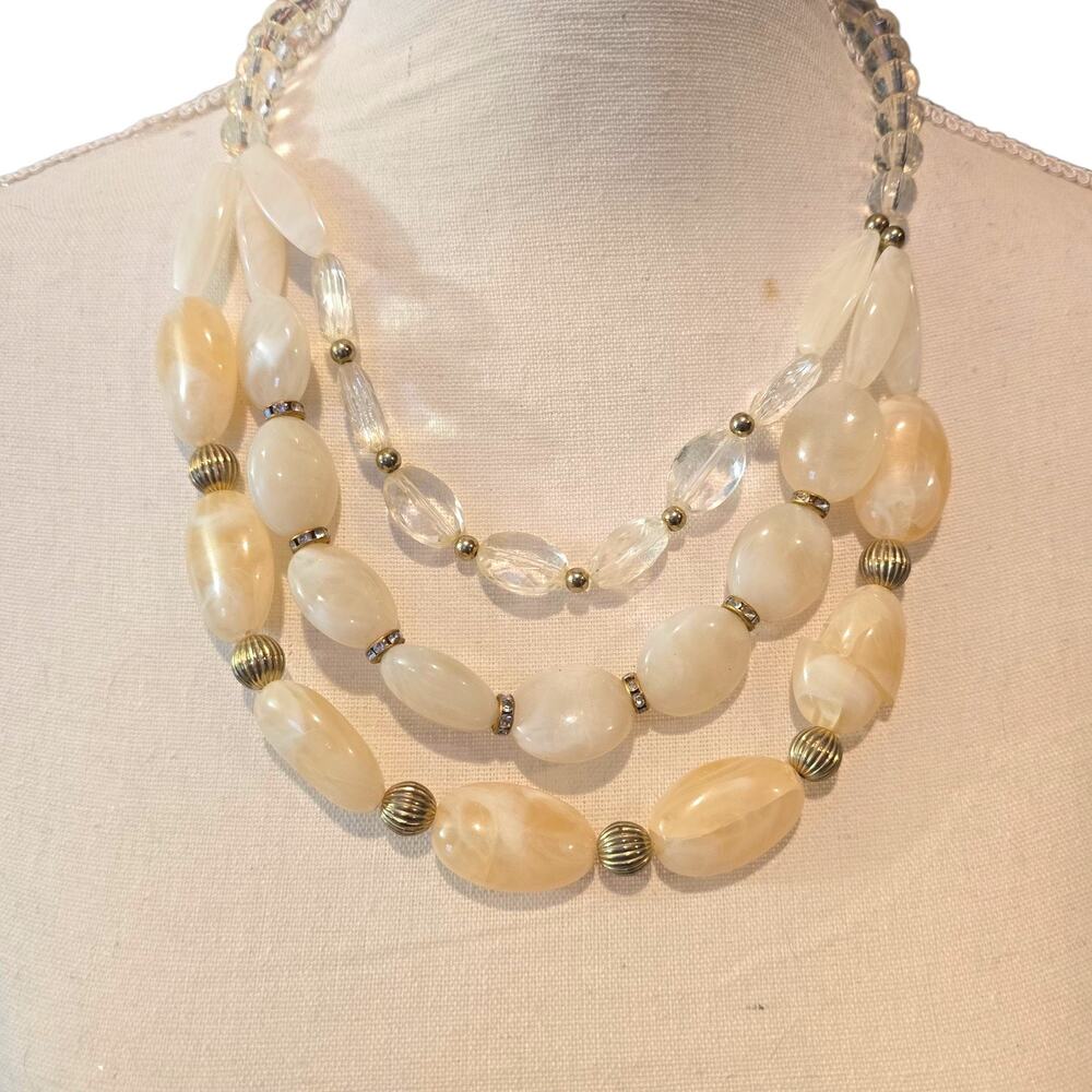 Vintage Multi Strand Necklace Chunky Cream Beads Gold Tone Spacer Rhinestone 21"